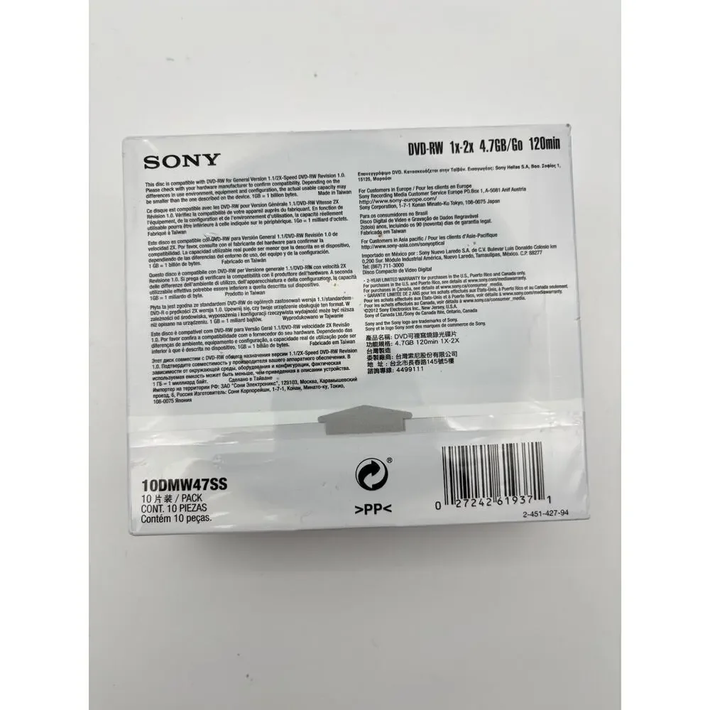 New. Sony DVD-RW Re-Recordable Discs 4.7GB Disc 10 Pack w Cases New. Sealed.